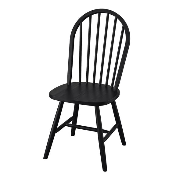 Black wooden chair, arched back, spindle design. Solid acacia wood. Classic, durable.