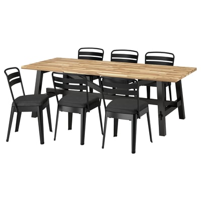 SKOGSTA / RAMSNÄS Table and 6 chairs, acacia black/anthracite Vissle dark grey, 235x100 cm