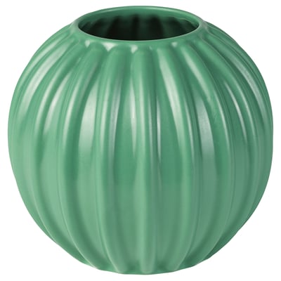 SKOGSTUNDRA green vase, rounded shape, ribbed texture, glazed stoneware.