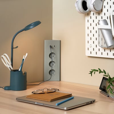 Neat desk setup with blue SKOTAT cord, laptop, notebook, and plant.