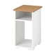 The SKRUVBY side table in white with an oak top, featuring a simple, functional design with open storage.