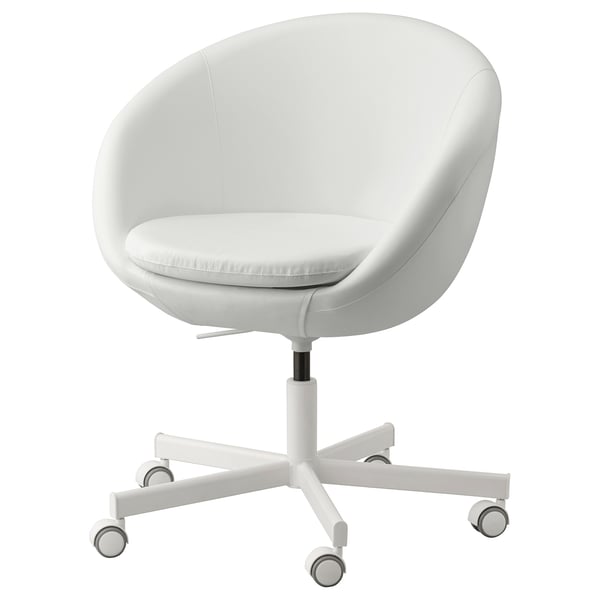 SKRUVSTA white office chair, round, padded, on wheels.