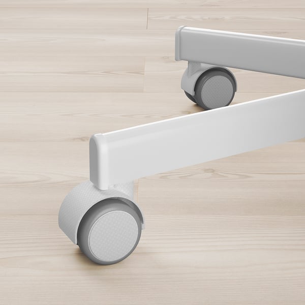 Two white metal chair legs with black rubber castors, one adjustable. Clean, modern design.