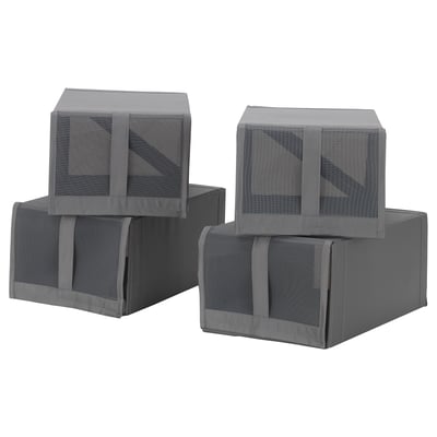 Four grey fabric boxes with mesh tops, handles, and zippers, stacked neatly in a compact, rectangular arrangement.