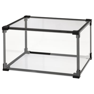 A clear SKUFFEN shoe storage box, with dark metal frame, square shape, and transparent design.