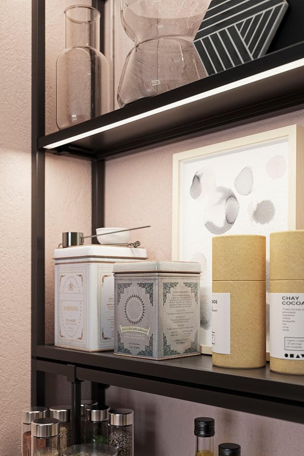 Shelf with tea canisters, vases, and art. Modern design.