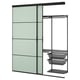 SKYTTA, modern black closet, frosted glass doors, metal mesh shelves.