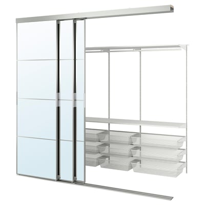 SKYTTA closet: modern, white, sliding glass doors, metal frame, adjustable shelves, hanging rail, mesh baskets.