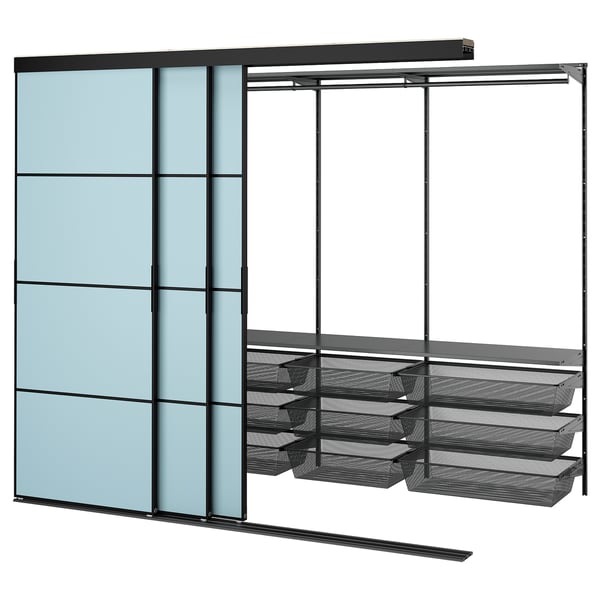 The SKYTTA closet organizer blue glass doors, mesh baskets, and black metal frame.