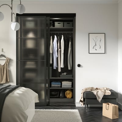 SKYTTA / LUNDBRÄSMA Sliding door combination, black/checkered glass, 152x240 cm