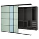 Modern wardrobe with green-tinted glass doors, sliding mechanism, metal shelving, and storage solutions in black and grey.