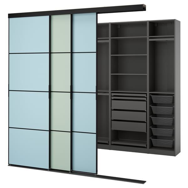 Modern wardrobe with sliding frosted glass doors open, showing internal shelves and organisers. Dark grey colour, sleek design.