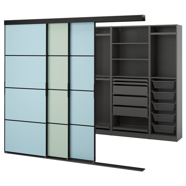 A SKYTTA wardrobe with blue-tinted glass doors, black frames, and organized storage including shelves and baskets.