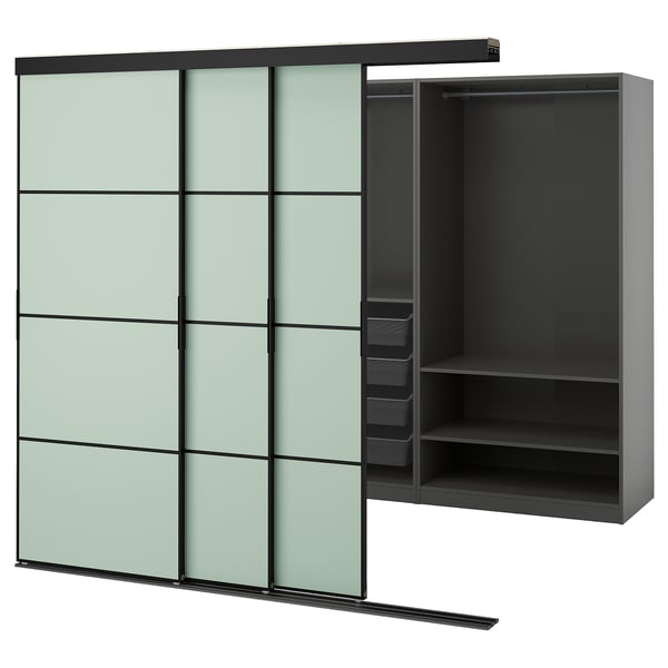 SKYTTA wardrobe - frosted glass doors, sliding doors, rails, shelves. Modern & efficient storage.