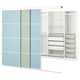 SKYTTA closet: 3 light blue glass doors, white shelves, pull-out trays and baskets. Modern design for storage.