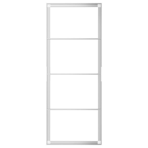 A SKYTTA silver metal sliding door frame, rectangular, with four empty shelves.