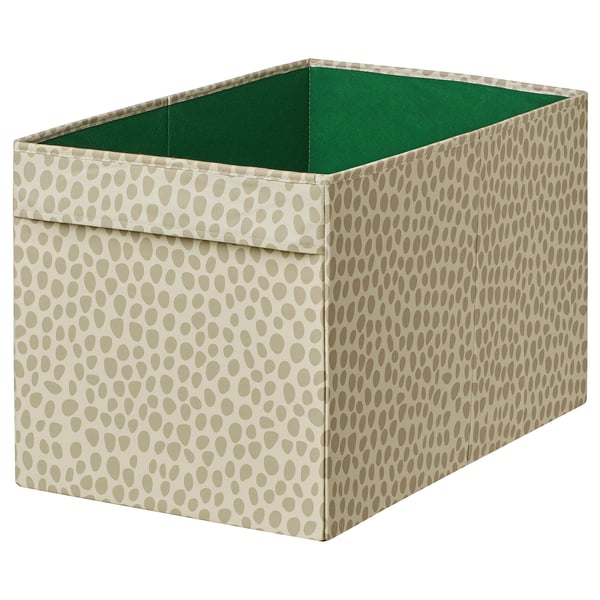 SLÄKT storage box, beige-brown spotted, rectangular, fabric with handles, ideal for toys and soft toys.