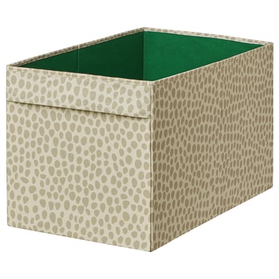 SLÄKT storage box, beige-brown spotted, rectangular, fabric with handles, ideal for toys and soft toys.