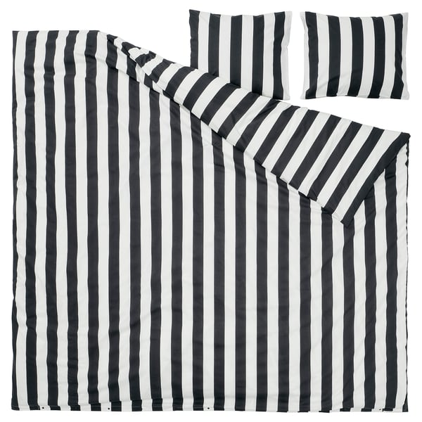 A black and white striped bedding set. Includes duvet and pillow covers, rectangular shape, crisp stripe design.