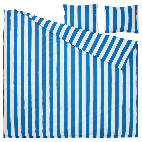 Blue and white striped bed set, crisp cotton blend, rectangular shape with 4 pieces, including duvet cover and pillows.