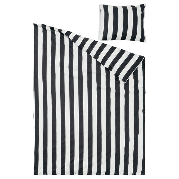 Black & white striped bed set; includes duvet and pillow covers. Modern, durable, crisp, soft percale weave.