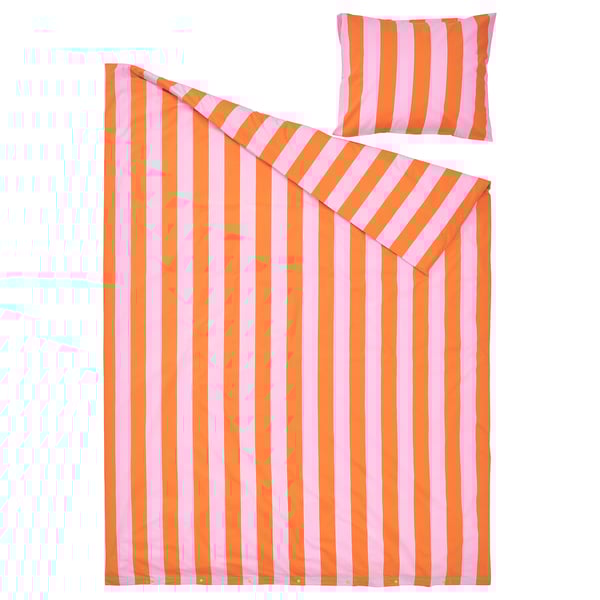 SLÅNHÖSTMAL bedding set, pink and orange stripes, soft cotton/viscose, rectangular, crisp style.