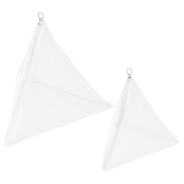 Two white triangular mesh washing bags with zippers, designed for protecting delicate clothes and preventing snags.
