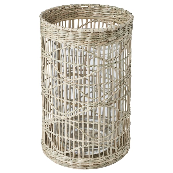 A SLIPPRIG wicker lantern, beige, cylindrical, hand-woven from sedge.