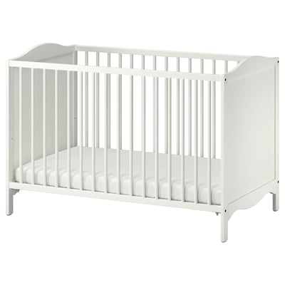 Depicts a white SMÅGÖRA crib with vertical slats and rounded corners, suitable for a babys safety and comfort.