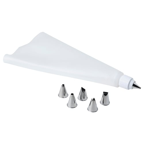 SMAKSAM silicone pastry bag with 6 metal tips, white, flexible, cone-shaped, decorating tool set.