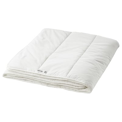 A white folded blanket named SMÅSPORRE, made of recycled polyester and cotton.