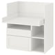 Displays a white SMÅSTAD desk with storage, featuring drawers and open shelves, designed for kids.