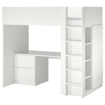 White kids loft bed with desk, wardrobe, shelves. Space-saving design, sleek modern look.