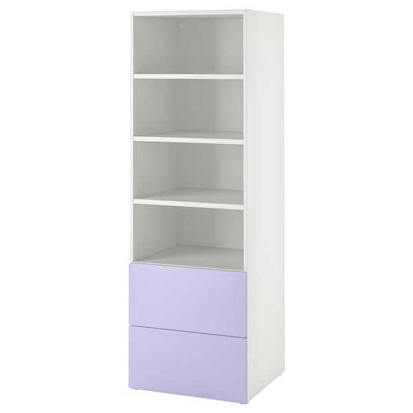 White and lavender kids bookcase with open shelves and drawers.