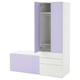 A tall storage cabinet, named SMÅSTAD, in white and light purple featuring open drawers and a closet with racks and baskets.