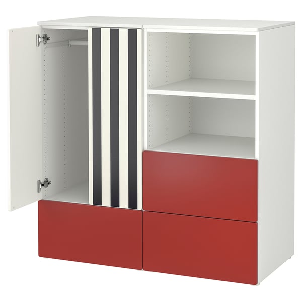 A modern white and red childrens wardrobe with open shelves and drawers, designed for easy access and organization.