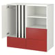A modern white and red childrens wardrobe with open shelves and drawers, designed for easy access and organization.