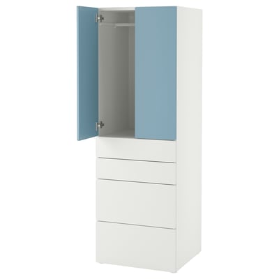 A white and blue SMÅSTAD wardrobe with drawers. It has a tall, rectangular shape, and one door is open, revealing the interior.