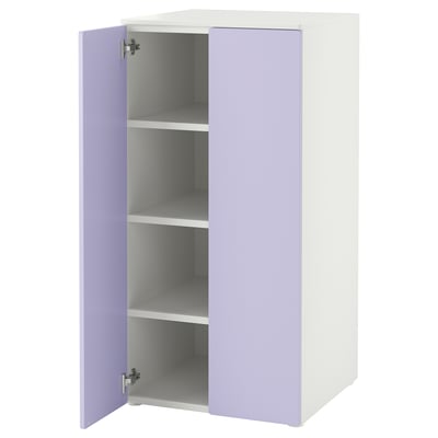 A SMÅSTAD cabinet with two open purple doors, displaying three shelves inside. It stands on adjustable feet and has a modern, child-friendly design.