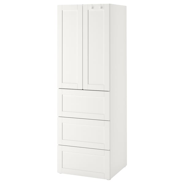 White vertical wardrobe with drawers and adjustable feet.