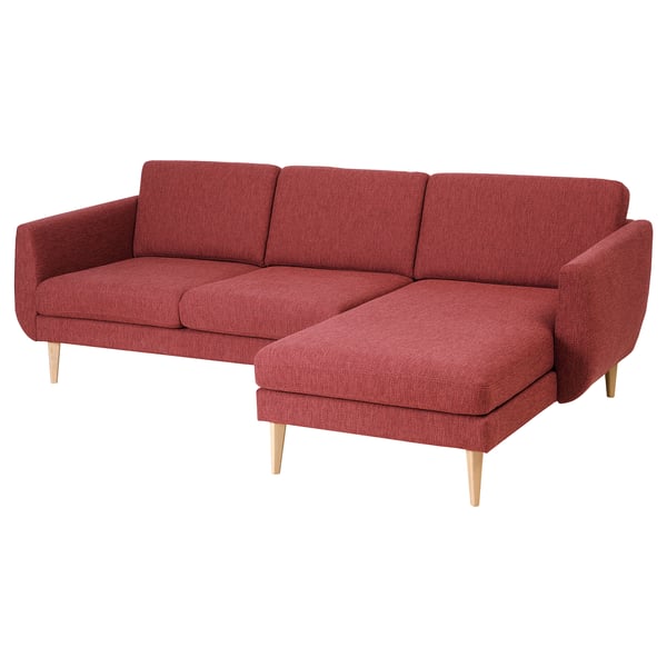 SMEDSTORP red l-shaped sofa, modern retro style with soft shapes, wooden legs, high resilience foam seating, 10-year guarantee.