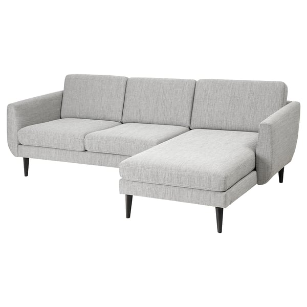 Modern gray sectional sofa with chaise, retro style, comfortable, wooden frame.