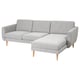 This image shows a SMEDSTORP light grey fabric l-shaped sofa with wooden legs, featuring a modern retro style and resilient cushions.