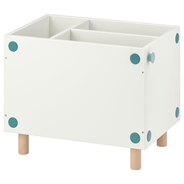 White SMUSSLA kids storage unit. Circular teal accents, wooden legs, versatile height.
