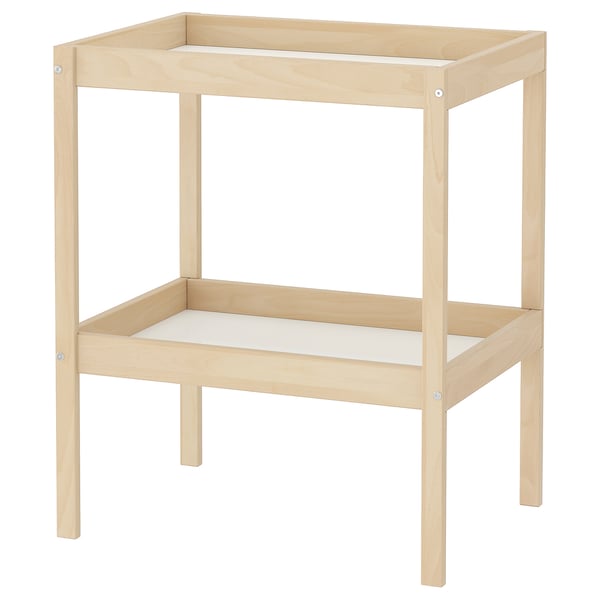 SNIGLAR birch wood changing table with open storage area.