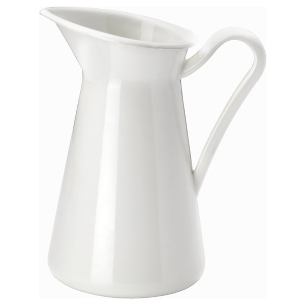 A white SOCKERÄRT enamel jug with a handle, suitable for water or decorative use.