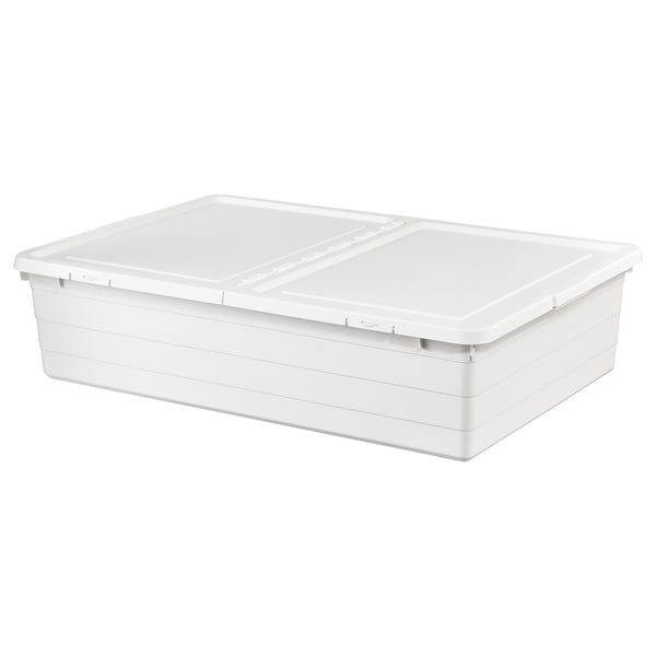 White plastic storage box, rectangular shape, hinged lid, fits under beds, durable material.