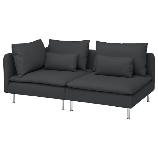 This image an ikea SÖDERHAMN sofa in dark grey, with a low, comfortable design and loose back cushions.