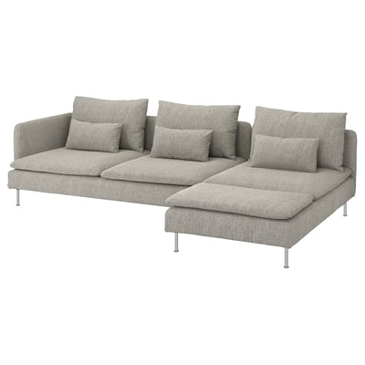 Grey modular sofa, l-shaped with numerous cushions, sleek legs, cosy, modern design.