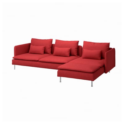 Bright red modular sofa with sleek lines, deep seats, and chrome legs, perfect for modern living spaces.